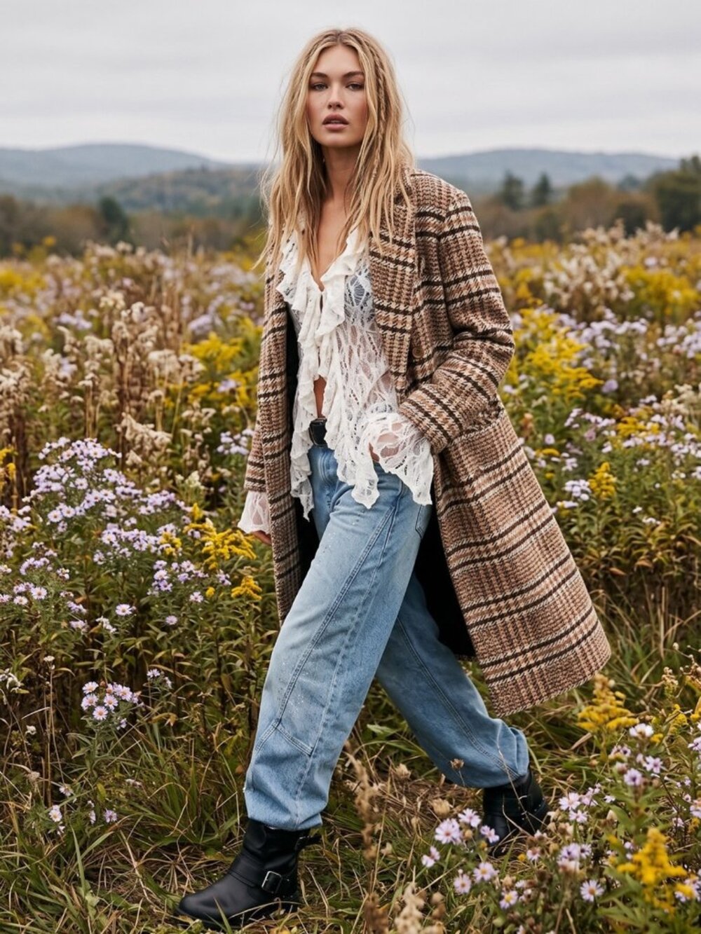 Free People Grunge Preppy Adore You Plaid Longline Wool Coat Brown Medium